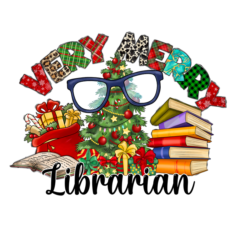 Celebrate the season with this cheerful design featuring a Christmas tree, books, gifts, and the phrase "Very Merry Librarian."DTF Transfersdtf regular iron dtf prints