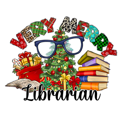 Celebrate the season with this cheerful design featuring a Christmas tree, books, gifts, and the phrase "Very Merry Librarian."DTF Transfersdtf regular iron dtf prints