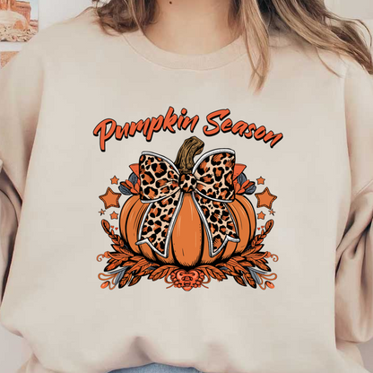 Celebrate the season with this vibrant pumpkin graphic featuring a stylish leopard print bow and floral accents. heat press transfers