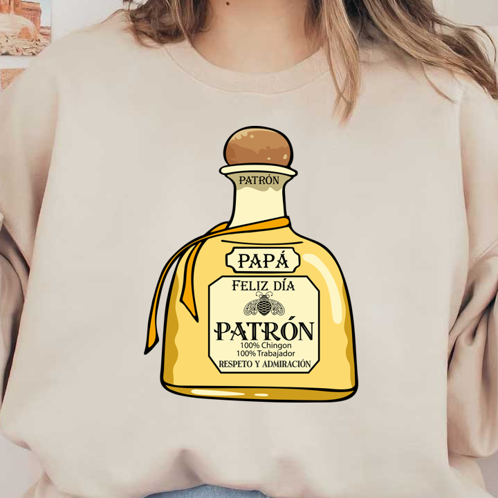 Celebrate Dad with this illustrated Patrón tequila bottle, featuring a heartfelt "Feliz Día" message and a stylish design.DTF Transfers dtf transfers