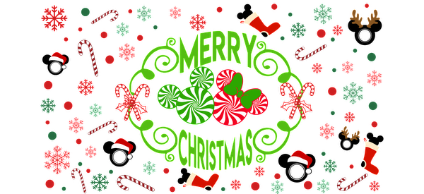 A festive graphic featuring the words "Merry Christmas" with colorful candy canes, snowflakes, and ornaments in vibrant reds and greens.UV Transfersdtf regular iron