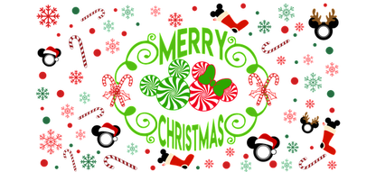 A festive graphic featuring the words "Merry Christmas" with colorful candy canes, snowflakes, and ornaments in vibrant reds and greens.UV Transfersdtf regular iron