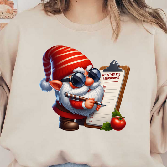 A cheerful gnome in a red-striped hat holding a checklist titled "New Year's Resolutions," ready to jot down ideas. dtf transfers