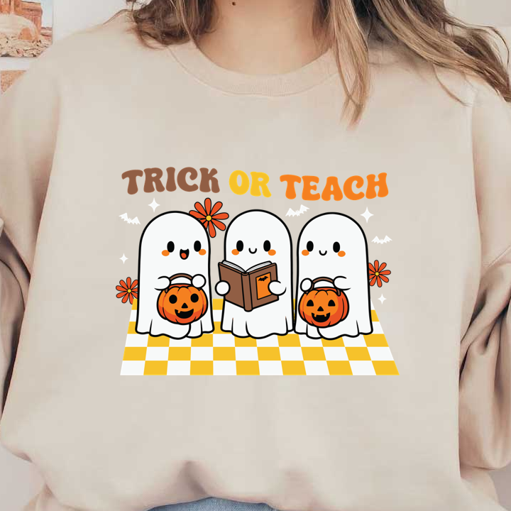 Tres simpáticos fantasmas celebran Halloween con cestas de calabaza, rodeados de decoraciones divertidas y sosteniendo un libro que presenta "Trick or Teach".