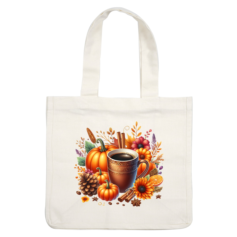 Acogedor arreglo con temática otoñal que presenta una taza de café humeante rodeada de calabazas, flores, piñas y ramas de canela.