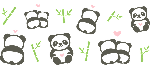 An adorable array of cartoon pandas and bamboo, featuring hearts and playful designs.UV Transfers