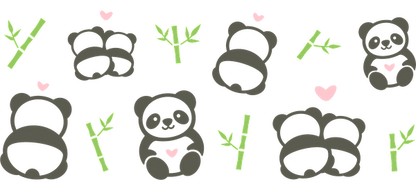 An adorable array of cartoon pandas and bamboo, featuring hearts and playful designs.UV Transfers