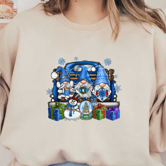 A festive illustration featuring three cheerful gnomes in blue hats surrounded by colorful gifts, a snowman, and a snow globe.DTF Transfers dtf transfers