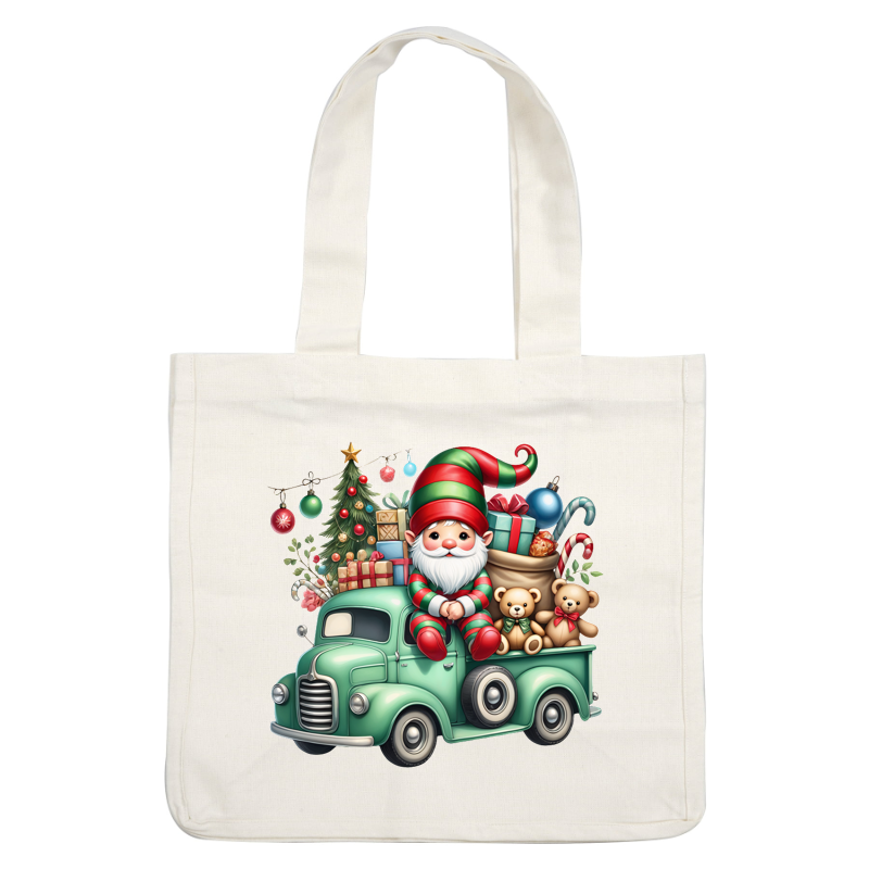 A festive green truck is filled with colorful gifts, a Christmas tree, and a cheerful elf holding teddy bears.DTF Transfers heat press transfers