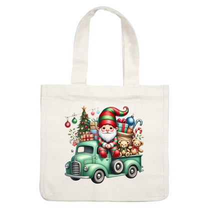 A festive green truck is filled with colorful gifts, a Christmas tree, and a cheerful elf holding teddy bears.DTF Transfers heat press transfers