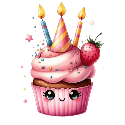 A cheerful cupcake topped with pink frosting, colorful sprinkles, and three birthday candles, accompanied by a fresh strawberry.DTF Transfers