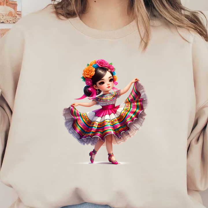 Una encantadora niña con un colorido vestido tradicional con un dobladillo con volantes y una corona floral vibrante, se posa con gracia.