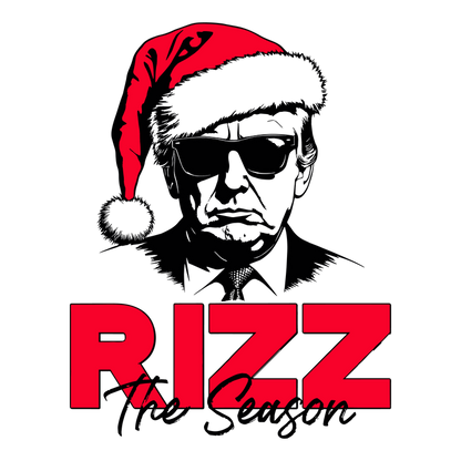 A bold graphic featuring a stylized figure in a red Santa hat, paired with the bold title "RIZZ the Savior" in striking red.DTF Transfersdtf regular irondtf regular iron