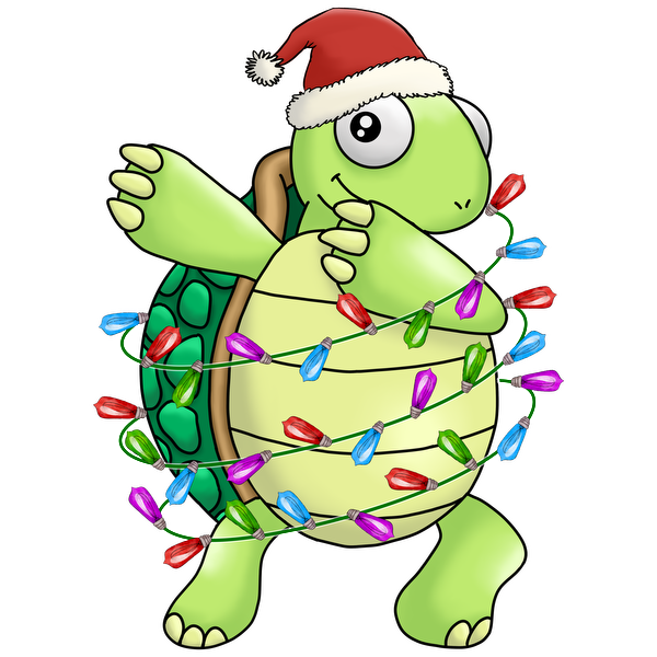 A cheerful cartoon turtle wearing a Santa hat and wrapped in colorful holiday lights, ready to celebrate the season! heat press transfers