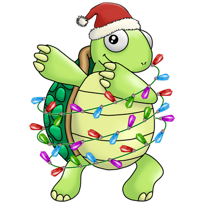 A cheerful cartoon turtle wearing a Santa hat and wrapped in colorful holiday lights, ready to celebrate the season! heat press transfers