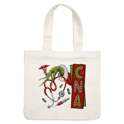 A whimsical illustration featuring a green hand with a Santa hat, stethoscope, syringes, and holiday-themed letters spelling "C N A."DTF Transfers dtf prints