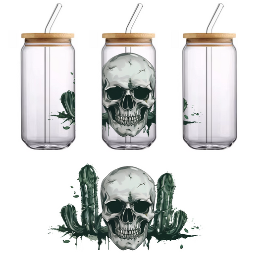 A striking graphic featuring a cracked skull surrounded by two green cacti, blending elements of nature and the macabre.UV Transfers dtf transfers