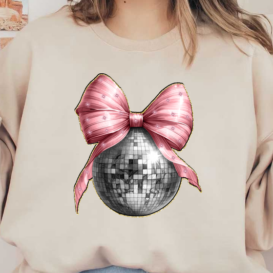 A festive disco ball adorned with a stylish pink bow, perfect for adding sparkle to any celebration!DTF Transfers heat press transfers