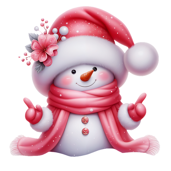 A cheerful snowman dressed in a pink hat and scarf, adorned with flowers, spreading festive joy with a big smile! heat press transfers