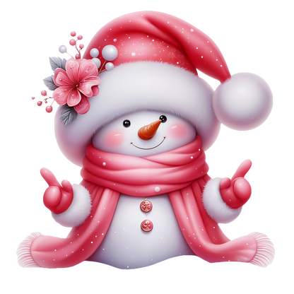 A cheerful snowman dressed in a pink hat and scarf, adorned with flowers, spreading festive joy with a big smile! heat press transfers