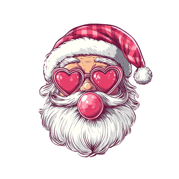 Una ilustración divertida y colorida de Papá Noel con gafas de sol en forma de corazón y una divertida burbuja de chicle, y usando un sombrero clásico.