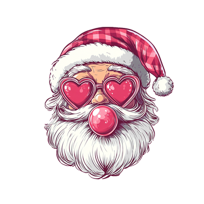 Una ilustración divertida y colorida de Papá Noel con gafas de sol en forma de corazón y una divertida burbuja de chicle, y usando un sombrero clásico.