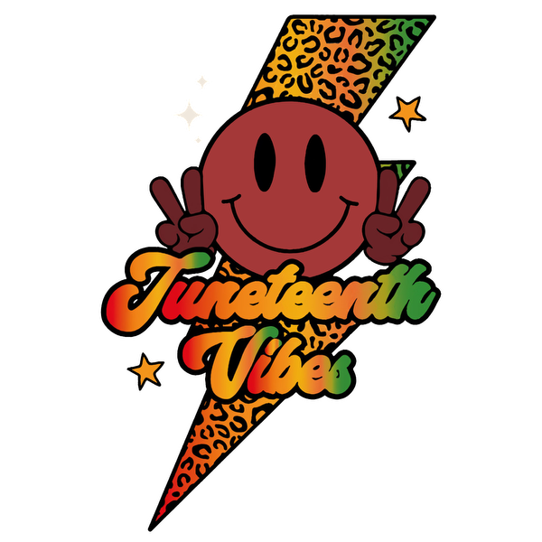 Vibrant graphic featuring a cheerful smiley face and "Juneteenth Vibes" text, accented with a colorful leopard-patterned lightning bolt.