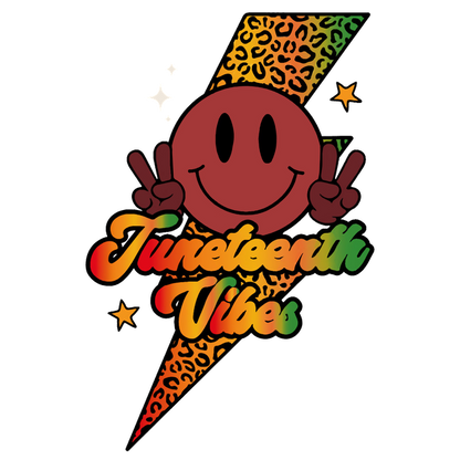 Vibrant graphic featuring a cheerful smiley face and "Juneteenth Vibes" text, accented with a colorful leopard-patterned lightning bolt.