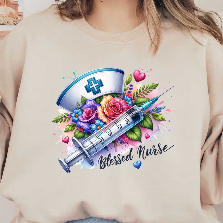 A vibrant illustration featuring a syringe and a nurse's cap surrounded by colorful flowers, celebrating and honoring nurses.DTF Transfers