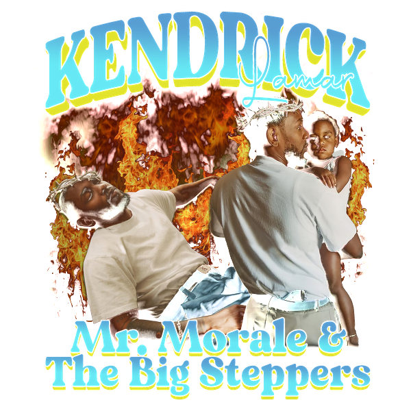 A vibrant album cover featuring Kendrick Lamar with bold colors, flames, and playful imagery, showcasing the title "Mr. Morale & The Big Steppers."DTF Transfers dtf prints