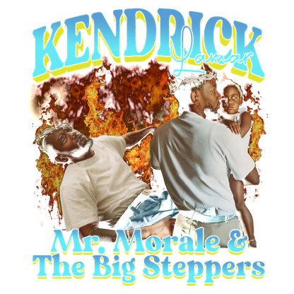 A vibrant album cover featuring Kendrick Lamar with bold colors, flames, and playful imagery, showcasing the title "Mr. Morale & The Big Steppers."DTF Transfers dtf prints