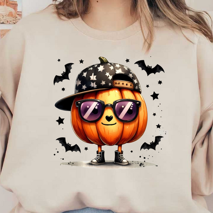 ¡Conoce a la elegante calabaza, que luce una gorra y gafas de sol con estampado de estrellas negras, rodeada de murciélagos divertidos para un ambiente festivo!