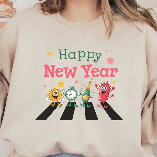 Celebrate the New Year with cheerful characters, including a clock, champagne bottle, and festive stars, spreading joy and excitement!DTF Transfers