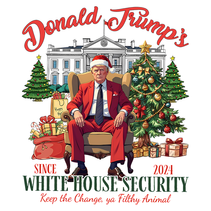 A festive design featuring Trump in a Santa hat and red suit seated in front of the White House, surrounded by Christmas decorations.DTF Transfersdtf regular iron heat press transfers