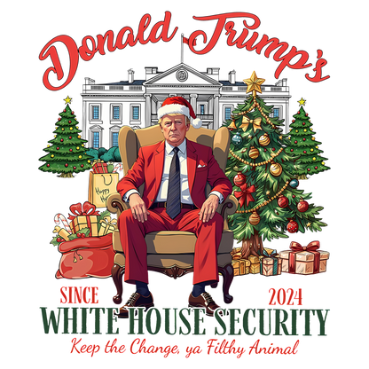 A festive design featuring Trump in a Santa hat and red suit seated in front of the White House, surrounded by Christmas decorations.DTF Transfersdtf regular iron heat press transfers