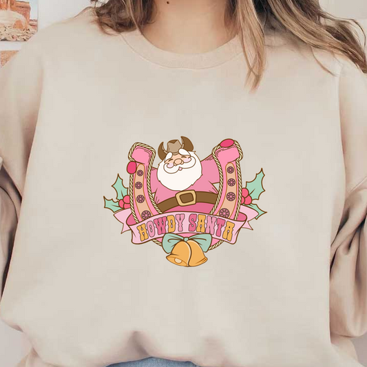 Cheerful cartoon Santa with a pink outfit and cowboy accents, surrounded by festive holly, featuring the phrase "Howdy Santa." heat press transfers