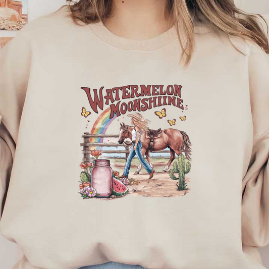A whimsical design featuring a girl leading a horse, surrounded by flowers, a watermelon jar, and butterflies under a rainbow.dtf regular iron