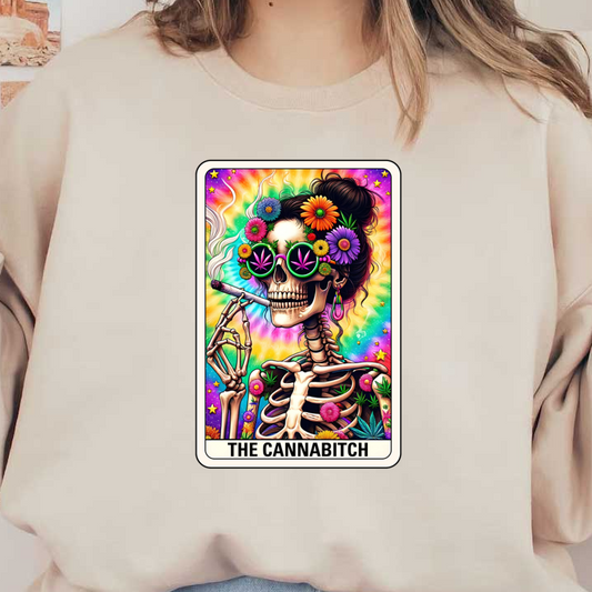 Una ilustración vibrante y caprichosa de una mujer esqueleto adornada con flores y gafas de sol, fumando, titulada "The Cannabitch".