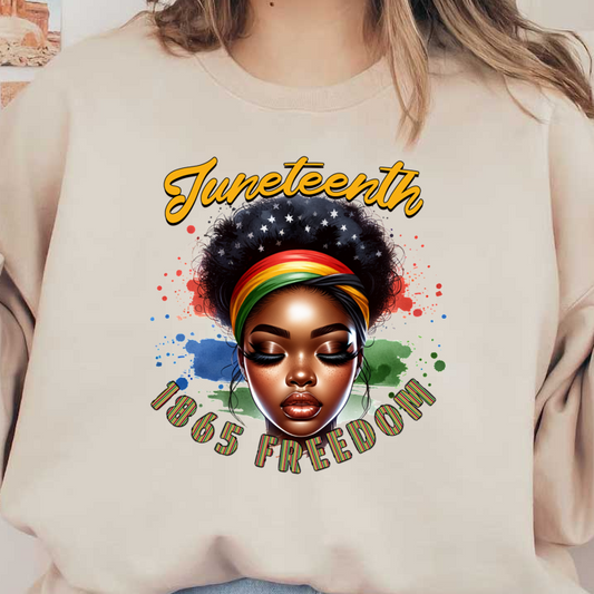 Vibrant Juneteenth artwork featuring a woman with a colorful headband, celebrating freedom and heritage with striking facial features.