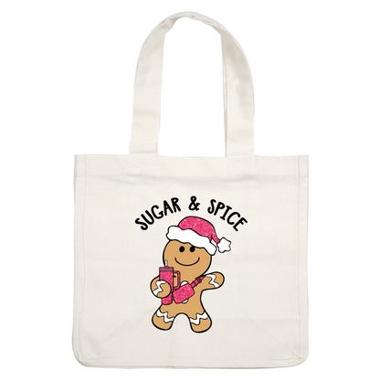 A cute gingerbread man wearing a glittery pink Santa hat and holding a pink drink, perfect for festive cheer!dtf regular iron