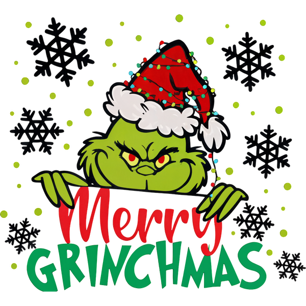 Celebrate the holidays with this fun "Merry Grinchmas" design featuring the iconic green Grinch in a festive Santa hat!DTF Transfersdtf regular iron