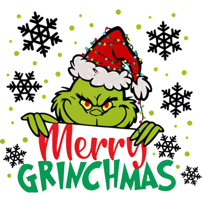 Celebrate the holidays with this fun "Merry Grinchmas" design featuring the iconic green Grinch in a festive Santa hat!DTF Transfersdtf regular iron