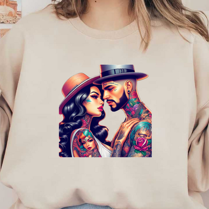 Vibrant illustration of a tattooed couple embracing, showcasing intricate body art and stylish hats against a colorful backdrop.DTF Transfers