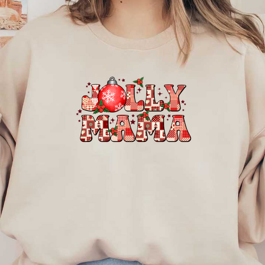 "Festive 'Jolly Mama' design featuring playful patterns, vibrant red colors, and a holiday ornament, perfect for Christmas cheer!" heat press transfers