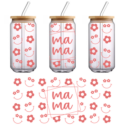 A cheerful patterned design featuring pink flowers and smiley faces, centered with the text "ma ma" in a playful font.UV Transfers heat press transfers