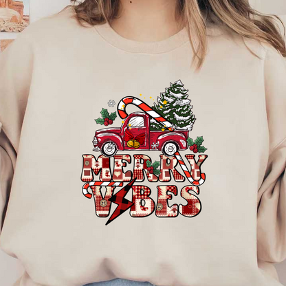 ¡Celebre el espíritu navideño con este diseño festivo que presenta un camión rojo, un árbol de Navidad y el alegre texto "Merry Vibes"!