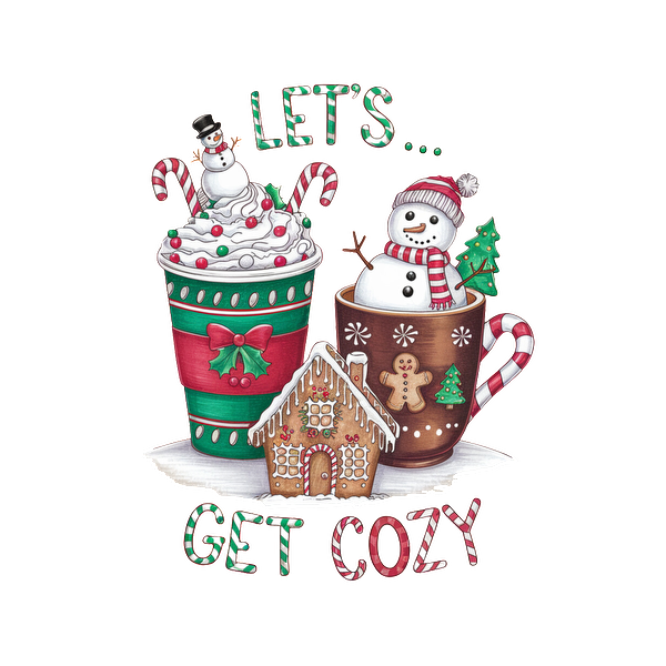 Cozy up with festive drinks, a snowman, and a gingerbread house in this cheerful holiday illustration! heat press transfers