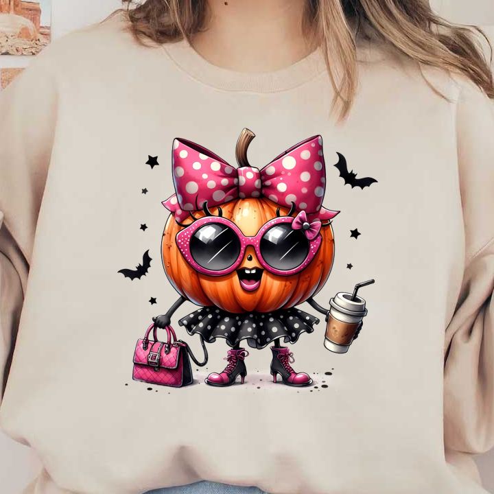 Meet a stylish pumpkin character dressed in a polka-dotted skirt and oversized sunglasses, complete with a pink handbag and coffee!dtf regular iron