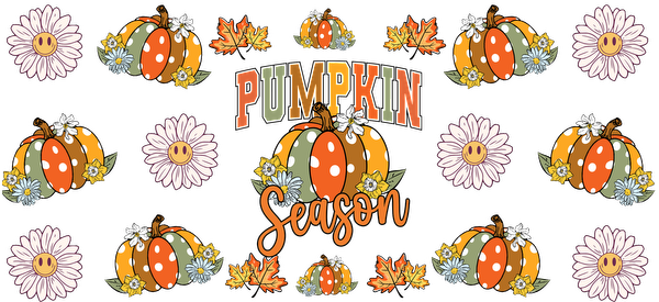 A cheerful "Pumpkin Season" design featuring colorful pumpkins, daisies, and cheerful sunflowers, perfect for celebrating fall.UV Transfers heat press transfers