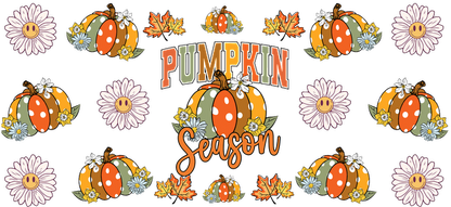 A cheerful "Pumpkin Season" design featuring colorful pumpkins, daisies, and cheerful sunflowers, perfect for celebrating fall.UV Transfers heat press transfers